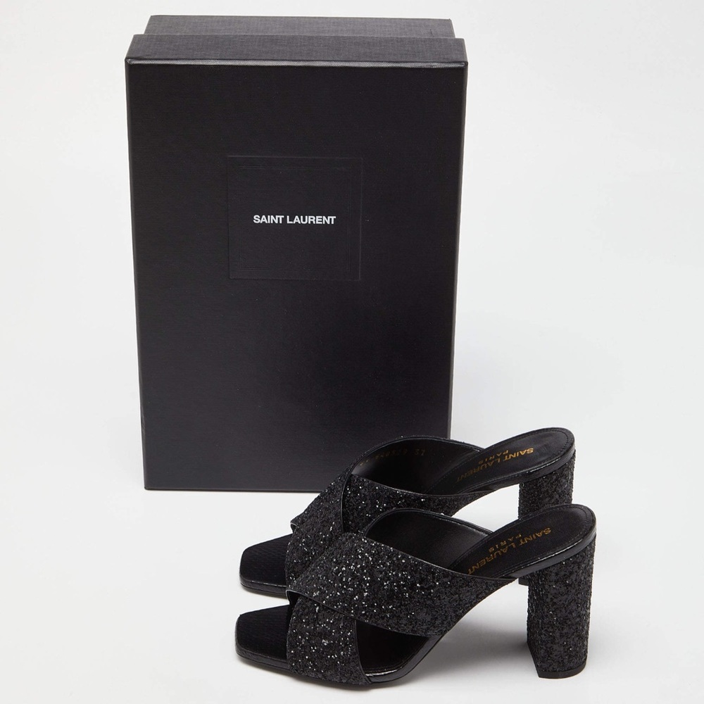 SAINT LAURENT PARIS Black Glitter and Ayers Loulou Criss Cross Mules